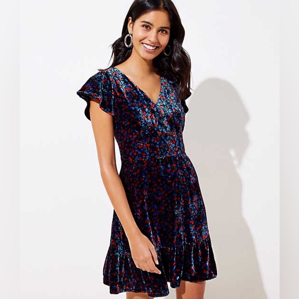 Loft Floral Velvet Flare Dress - Midnight Blue (NWT, Size 2)